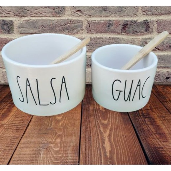 Rae Dunn SALSA and GUAC Chip Dip Bowl Set with Bamboo Wood Spoons - White - Picture 2 of 2